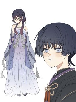 1boy 1girl alternate_costume alternate_hairstyle aqua_eyes arms_at_sides asymmetrical_bangs bare_shoulders black_hair black_kimono blunt_bangs blunt_ends blush bright_pupils collarbone double_bun dress formal_clothes genshin_impact grey_eyes grey_shawl hair_between_eyes hair_bun hair_ornament hair_over_shoulder hairclip highres japanese_clothes kimono long_hair looking_at_viewer low_twintails mona_(genshin_impact) parted_lips purple_dress purple_trim scaramouche_(genshin_impact) see-through_clothes see-through_shawl shawl sidelocks strapless strapless_dress swept_bangs tassel tsurime twintails white_background white_mouth white_pupils wide-eyed wispy_bangs ysnden