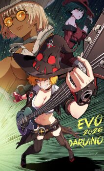 3girls 3starjung absurdres alternate_skin_color bare_shoulders black_gloves black_hair black_hat black_jacket blonde_hair breasts cleavage closed_mouth commentary crazy crop_top dark-skinned_female dark_skin fingerless_gloves full_body gloves grin guilty_gear guilty_gear_strive guitar hat highres holding holding_guitar holding_instrument i-no instrument jacket large_breasts looking_at_viewer midriff multiple_girls multiple_persona navel open_mouth red_eyes red_hat shirt short_hair smile stomach sunglasses tinted_eyewear venus_symbol white_hair white_shirt witch_hat yellow-tinted_eyewear