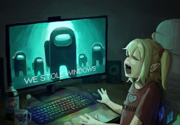 1girl ahoge alternate_costume among_us blonde_hair bottle brand_name_imitation chair closed_eyes commentary computer_keyboard computer_mouse crewmate_(among_us) cup desk english_commentary figure flandre_scarlet highres li_shay meme monitor mug one_side_up open_mouth pointy_ears pokerface print_shirt rage_comic roblox shirt short_sleeves soda_bottle solo t-shirt touhou wings