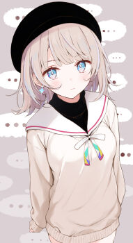 Rule 34 | ..., 1girl, black hat, black shirt, blazer, blue eyes, blunt bangs, blush, breasts, brown hair, cardigan, closed mouth, dot nose, expressionless, from above, grey background, hat, highres, jacket, komone ushio, looking at viewer, medium breasts, mob cap, original, parted bangs, sailor collar, shirt, sidelocks, simple background, sleeves past wrists, speech bubble, spoken ellipsis, white cardigan, white sailor collar