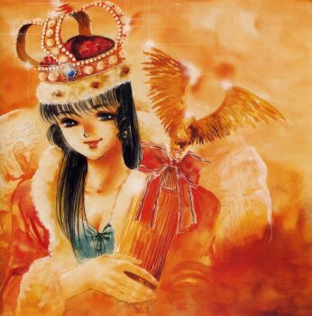 1980s_(style) 1girl black_hair choujikuu_yousai_macross crown glint highres holding holding_trophy jewelry long_eyelashes long_hair looking_at_viewer lynn_minmay macross mikimoto_haruhiko oldschool painting_(medium) red_lips retro_artstyle ribbon scan scene_reference traditional_media trophy