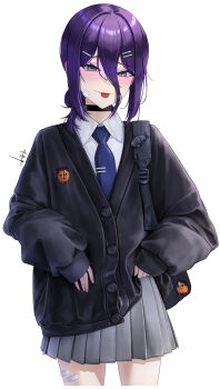 1girl absurdres black_cardigan black_choker blue_necktie cardigan chainsaw_man choker commentary eruthu grey_eyes grey_skirt hair_between_eyes hashtag-only_commentary highres necktie pleated_skirt pochita_(chainsaw_man) purple_hair reze_(chainsaw_man) school_uniform shirt simple_background skirt sleeves_past_wrists solo tongue tongue_out white_background white_shirt