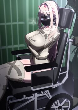 bdsm blindfold bondage bound female_focus gag goddess_of_victory:_nikke highres indoors original restrained straitjacket viper_(nikke) zetsu_red