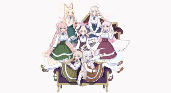 Rule 34 | 6+girls, ahoge, alternate costume, animal ear fluff, animal ears, azusa (blue archive), black wings, blonde hair, blue archive, blue ribbon, blue shoes, blue skirt, blush, bow, braid, brown ribbon, brown shoes, brown skirt, closed mouth, commentary request, couch, crossed bangs, feathered wings, flower, flower ornament, forehead, fox ears, fox girl, fox tail, frilled shirt, frills, green eyes, green ribbon, green shoes, green skirt, hair between eyes, hair bow, hair flower, hair ornament, hanako (blue archive), head wings, hifumi (blue archive), high-waist skirt, highres, koharu (blue archive), long hair, looking at viewer, low twintails, mika (blue archive), multiple girls, nagisa (blue archive), on couch, open mouth, pantyhose, parted lips, pink eyes, pink flower, pink hair, purple eyes, purple flower, purple ribbon, purple shoes, purple skirt, red ribbon, red shoes, red skirt, ribbon, sateto (user knrf2332), seia (blue archive), shirt, shoes, sidelocks, single braid, sitting, skirt, socks, tail, twintails, v, white bow, white flower, white hair, white pantyhose, white shirt, white socks, wings, yellow eyes