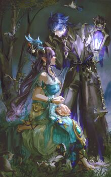 1boy 1girl absurdres ahoge animal antlers aqua_dress armlet bare_shoulders bird black_coat blue_hair breasts coat collared_coat commentary_request deer_antlers deer_girl dress flins_(genshin_impact) from_side genshin_impact high_heels highres holding holding_lantern horns jewelry lantern large_breasts lauma_(genshin_impact) leaf_dress lluluchwan long_hair nest pointy_ears purple_hair sitting standing tree