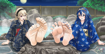 2girls absurdres arms_at_sides artist_request barefoot black_hairband blue_eyes blue_hair blue_toenails blush brand_of_the_exalt breasts butterfly_ornament clenched_hands collarbone curious embarrassed eyelashes fang feet feet_together feet_up female_corrin_(fire_emblem) fire_emblem fire_emblem_awakening fire_emblem_fates flat_chest flipped_hair foot_focus full_body full_moon grey_hair hair_between_eyes hair_flaps hair_ornament hairband happy highres intelligent_systems japanese_clothes kimono long_hair long_sleeves lucina_(fire_emblem) matching_hair/eyes medium_breasts moon multiple_girls nail_polish neck night night_sky nintendo obi official_alternate_costume onsen open_mouth print_kimono red_eyes sash sidelocks signature sitting sky soles spread_toes steam tiara toe_scrunch toenail_polish toenails toes white_toenails wide_sleeves yukata