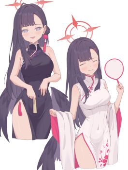 1girl absurdres alternate_costume bare_arms bare_shoulders black_dress blue_archive blue_eyes blush breasts china_dress chinese_clothes closed_eyes closed_mouth commentary covered_navel dress hair_behind_ear hair_bun hair_ornament hairclip halo hand_fan highres holding holding_fan ichika_(blue_archive) large_breasts long_hair open_mouth red_halo shawl sleeveless sleeveless_dress smile solo vulphree white_dress white_shawl