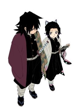 Rule 34 | 1boy, 1girl, animal print, belt, black hair, black jacket, black pants, black socks, breasts, butterfly hair ornament, butterfly print, butterfly print haori, demon slayer uniform, from above, full body, gold buttons, hair ornament, hair over one eye, haori, hashtag-only commentary, jacket, japanese clothes, katana, kimetsu no yaiba, kochou shinobu, light smile, long hair, looking at another, low ponytail, medium breasts, pants, parted bangs, ponytail, print haori, purple eyes, sandals, segven, sidelocks, socks, sword, tabi, tomioka giyuu, updo, weapon, white background, white belt