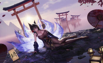 1girl absurdres ajaz_(artist) animal_ear_fluff animal_ears arm_support artist_name azur_lane bare_shoulders black_hair bodystocking breasts brown_pantyhose cleavage closed_mouth collarbone commentary dated detached_sleeves dutch_angle english_commentary falling_petals feet flower fox_ears fox_girl fox_tail full_body gradient_sky hair_between_eyes hair_flower hair_ornament hand_on_own_chest highres huge_breasts lantern legs long_hair_between_eyes looking_at_viewer lying mole mole_under_eye mountainous_horizon multiple_tails multiple_torii nail_polish oil-paper_umbrella on_ground orange_eyes oumi_(azur_lane) pantyhose pelvic_curtain petals pink_petals red_flower red_nails rock scenery see-through_cleavage see-through_clothes shipwreck sky smile solo sun sunset tail thighs toenail_polish toenails toes torii umbrella water wet wide_sleeves