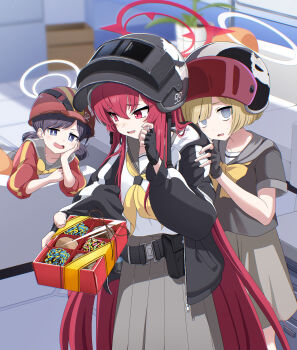 Rule 34 | 3girls, absurdres, altyn helmet, averting eyes, black gloves, black hair, black helmet, black jacket, blonde hair, blue archive, blue eyes, bow, box, box of chocolates, brown skirt, combat helmet, commentary, commentary request, commission, couch, double bun, english commentary, fingerless gloves, gift, gloves, grabbing another's shoulder, grey sailor collar, grey serafuku, hair bun, halo, hand up, head rest, helmet, helmet gangster (blue archive), highres, holding, holding gift, hood, hooded jacket, incoming gift, indoors, jacket, kokolokokomika, light blush, long hair, long skirt, long sleeves, looking at viewer, mixed-language commentary, multiple girls, neckerchief, open mouth, rabu (blue archive), red eyes, red hair, red halo, red helmet, sailor collar, school uniform, serafuku, sharp teeth, short hair, short sleeves, sideways glance, skeb commission, skirt, small sweatdrop, teeth, valentine, very long hair, white serafuku, yellow bow, yellow neckerchief