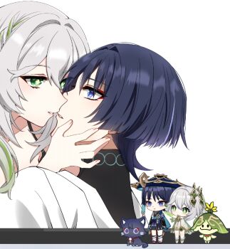 1boy 1girl aged_up animalization anklet arama_(genshin_impact) aranara_(genshin_impact) armlet armor arms_at_sides arms_up asymmetrical_sidelocks black_bodysuit black_bow black_bridal_gauntlets black_cat black_hair black_sandals black_shorts blue_cape blue_gemstone blue_hat blue_kimono blue_pupils blue_sleeves blunt_ends bodysuit bow bridal_gauntlets bright_pupils cape cat cat&#039;s_cradle chibi chibi_inset closed_mouth creature cross-shaped_pupils detached_sleeves dress eye_contact eyeliner eyeshadow face-to-face feathers fingernails furisode gem genshin_impact gold gold_trim green_cape green_eyes green_hair green_sleeves hair_between_eyes hakama hakama_shorts half_crown_braid hand_on_another&#039;s_face hand_up hat hetero imminent_kiss japanese_armor japanese_clothes jewelry jingasa juban kebi37509316 kimono kote kurokote layered_sleeves leg_warmers long_hair looking_at_another makeup multicolored_hair nahida_(genshin_impact) open_clothes open_hand open_hands open_kimono parted_lips person_and_animalization pink_lips pleated_shorts pom_pom_(clothes) purple_eyes red_eyeliner red_eyeshadow red_scarf sandals scaramouche_(cat)_(genshin_impact) scaramouche_(genshin_impact) scarf short_sleeves shorts side_ponytail sidelocks smile socks source_request spaghetti_strap streaked_hair string symbol-shaped_pupils tareme tassel toeless_socks toes tsurime turtleneck turtleneck_bodysuit vision_(genshin_impact) wanderer_(genshin_impact) white_background white_dress white_hair white_kimono white_leg_warmers white_mouth white_pupils white_sleeves white_socks yellow_feathers zouri
