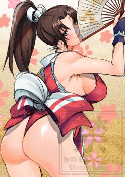 1girl ass bare_legs bare_shoulders breasts brown_eyes brown_hair commentary_request cowboy_shot from_behind hand_fan high_ponytail holding holding_fan japanese_clothes kimono large_breasts long_hair looking_at_viewer looking_back ninja obi parted_bangs ponytail red_kimono rosie_rosie sash shiranui_mai sideboob solo the_king_of_fighters watermark