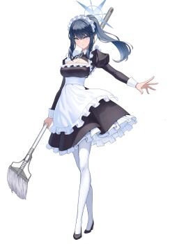 1girl absurdres alternate_costume alternate_hairstyle apron black_dress black_shoes blue_archive blue_eyes blue_hair blue_halo breasts cleavage cleavage_cutout closed_mouth clothing_cutout commentary_request dress enmaided hair_between_eyes halo high_heels highres holding holding_mop large_breasts long_hair long_sleeves looking_at_viewer maid maid_apron maid_headdress mop pantyhose ponytail puffy_sleeves saori_(blue_archive) shoes sion_(9117) solo white_pantyhose