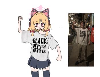 1boy 1girl bags_under_eyes black_lives_matter black_thighhighs blue_archive branch chickenrex8 clenched_hands clothes_writing crowd english_text glasses hair_ribbon halo hand_up highres looking_at_viewer meme momoi_(blue_archive) night open_mouth orange_hair pants photo_(medium) racist_momoi_(meme) red_eyes red_ribbon reference_photo ribbon shirt shoes short_hair short_sleeves simple_background skirt smile solo_focus standing t-shirt thighhighs white_background white_shirt zettai_ryouiki