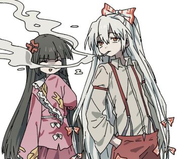 2girls anger_vein annoyed black_hair bow cigarette closed_eyes clueless dibitaki11 expressionless fujiwara_no_mokou hair_bow hair_ribbon hands_in_pockets hime_cut houraisan_kaguya long_hair long_sleeves multiple_girls pants pink_shirt puffy_sleeves red_eyes red_pants red_skirt ribbon shirt skirt smoke smoke_trail smoking touhou upper_body very_long_hair white_hair white_shirt