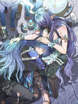 1boy 1girl animal armpit_crease bird blue_hair blue_nails breasts cat deer flins_(genshin_impact) genshin_impact headpat highres lap_pillow large_breasts lauma_(genshin_impact) long_hair nail_polish on_lap pointy_ears rchella squirrel toenail_polish toenails white_cat