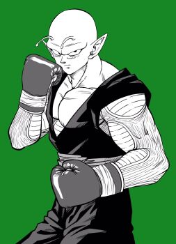 Rule 34 | 1boy, antennae, boxing, boxing gloves, commentary request, dragon ball, dragonball z, fighting stance, frown, furrowed brow, green background, greyscale with colored background, highres, lee (dragon garou), male focus, muscular, muscular male, pectoral cleavage, pectorals, piccolo, pointy ears, serious, solo