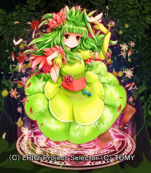 1girl closed_mouth commentary_request copyright_notice dress elbow_gloves flower gloves green_dress green_gloves green_hair kazaana looking_at_viewer mandore_(wixoss) medium_hair official_art single_glove smile solo wixoss yellow_eyes