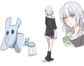 Rule 34 | 1girl, absurdres, bang dream!, bang dream! girls band party!, bang dream! it's mygo!!!!!, black boots, black shirt, blue eyes, boots, commentary request, creature, drinking straw, full body, heterochromia, highres, holding carton, jennifer (bang dream!), kanade (kanade 3344), kaname raana, layered sleeves, long sleeves, medium hair, multiple views, shirt, short over long sleeves, short sleeves, simple background, translation request, white background, white hair, white shirt, yellow eyes