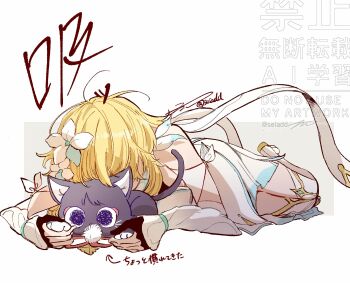 1girl animal animalization arm_cutout black_cat black_gloves blonde_hair blue_feathers blue_flower blue_trim breasts cat clothing_cutout detached_sleeves dress elbow_gloves feather_hair_ornament feathers flower genshin_impact gloves gold_shoes hair_flower hair_ornament halterneck highres holding holding_animal holding_cat large_breasts legs_together lumine_(genshin_impact) lying multicolored_flower on_stomach person_and_animalization pom_pom_(clothes) purple_cat scaramouche_(cat)_(genshin_impact) scaramouche_(genshin_impact) seiadd shoes short_hair short_hair_with_long_locks sidelocks squiggle_eyes string thighhighs twitter_username two-tone_feathers vambraces watermark white_background white_dress white_feathers white_flower white_sleeves white_thighhighs yellow_feathers