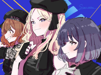 3girls begrazia_(idolmaster) beret black_gloves black_hat black_shirt blonde_hair blush brown_hair commentary_request fingerless_gloves gakuen_idolmaster gloves hanami_ume hat hataya_misuzu idolmaster juo_sena kasasagi_(futagodori888) light_smile looking_ahead looking_at_viewer mole mole_under_mouth multicolored_hair multiple_girls official_alternate_costume pink_hair profile purple_hair shirt smile song_name star-mine_(idolmaster) two-tone_hair upper_body