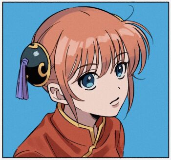 1girl blue_background blue_eyes border china_dress chinese_clothes closed_mouth commentary dot_nose dress gintama hnyktrqof111889 kagura_(gintama) looking_at_viewer pink_hair portrait red_dress sidelocks simple_background solo tassel untranslatable_commentary upper_body white_border