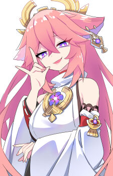 1girl arm_under_breasts bare_shoulders clip_studio_paint_(medium) commentary_request detached_sleeves e.o. earrings fingernails fox_shadow_puppet gem genshin_impact hair_between_eyes hand_up highres jewelry long_hair long_sleeves looking_at_viewer making-of_available nail_polish nontraditional_miko open_mouth pink_hair pink_nails purple_eyes purple_gemstone shirt simple_background sleeveless sleeveless_shirt solo very_long_hair white_background white_shirt yae_miko