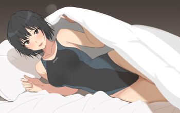 1girl :d amagami bed bed_sheet black_eyes black_hair black_one-piece_swimsuit blush bob_cut breasts commentary_request competition_swimsuit heavy_breathing highleg highleg_one-piece_swimsuit highres looking_at_viewer medium_breasts mobu nanasaki_ai one-piece_swimsuit open_mouth pillow revision short_hair simple_background smile solo swimsuit two-tone_one-piece_swimsuit two-tone_swimsuit under_covers