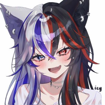 1girl aegyo_sal animal_ear_piercing animal_ears black_hair blue_eyes blue_streaks blush cat_ears cat_girl choker commentary commission crossed_bangs double-parted_bangs english_commentary fangs grey_hair grey_shirt hair_between_eyes heart heart_choker heterochromia highres icy_artzy long_hair looking_at_viewer multicolored_hair open_mouth original portrait red_eyes red_streaks shirt simple_background smile solo split-color_hair torn_clothes torn_shirt white_background