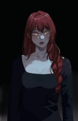 Rule 34 | 1girl, black dress, braid, breasts, chainsaw man, cleavage, commentary, dress, english commentary, eyebrows hidden by hair, hair over one eye, highres, makima (chainsaw man), medium breasts, ms tsukii, red hair, red lips, ringed eyes, single braid, solo, upper body, yellow eyes