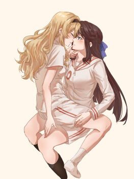 blonde_hair bow brown_hair brown_headband closed_eyes couple facing_another grabbing_another&#039;s_chin gym_shirt gym_shorts gym_uniform hair_bow hair_ribbon half-closed_eyes hand_on_another&#039;s_chin headband highres holding_another&#039;s_legs imminent_kiss kiss long_hair looking_at_another nirvana_(w688348960) purple_bow purple_ribbon ribbon saijou_claudine shirt shorts shoujo_kageki_revue_starlight shoujo_kageki_revue_starlight_-re_live- sitting sitting_on_another&#039;s_knee sitting_on_lap sitting_on_person staring straight_hair tendou_maya wavy_hair white_background white_shirt white_shorts yuri