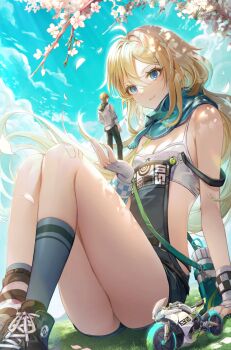 1boy 1girl arm_support ass asymmetrical_legwear bare_legs bare_shoulders black_pants black_shoes blonde_hair blue_eyes blue_sky blue_socks branch breasts chasing_kaleidorider cherry_blossoms cleavage closed_mouth cloud commentary_request day fingerless_gloves flower giant giantess gloves grey_jacket hair_between_eyes highres hood hood_down hooded_jacket in_palm jacket long_hair long_sleeves mismatched_legwear motor_vehicle motorcycle outdoors ozzingo pants petals puffy_long_sleeves puffy_sleeves shirt shoes sky small_breasts smile socks standing striped_clothes striped_socks thighs very_long_hair white_flower white_gloves white_shirt