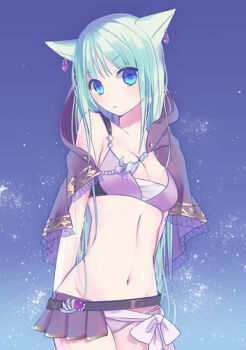 Rule 34 | 6 (roku), animal ears, blue eyes, blue hair, cleavage, earrings, navel