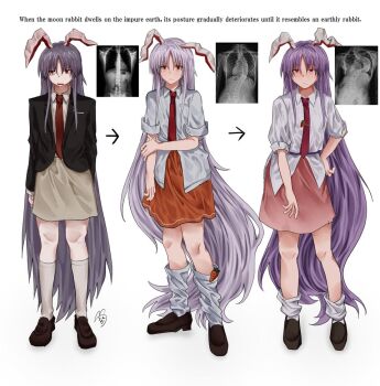 1girl animal_ears black_jacket black_shoes blazer bobby_socks carrot_pin commentary_request english_text full_body holding_own_arm jacket multiple_views necktie orange_skirt pink_skirt rabbit_ears rabbit_girl red_eyes red_necktie reisen_udongein_inaba scoliosis shirt shoes simple_background skirt socks standing touhou white_background white_shirt white_skirt white_socks x-ray yukine_0930