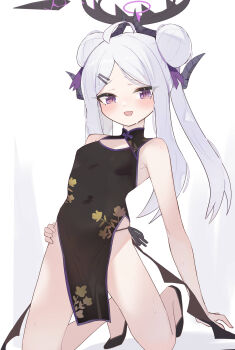 1girl absurdres ahoge black_halo blue_archive breasts china_dress chinese_clothes demon_girl demon_horns demon_wings double_bun dress hair_bun halo highres horns long_hair looking_at_viewer low_wings no_panties open_mouth purple_eyes simple_background small_breasts solo twintails ura_ra1800 very_long_hair white_hair wings