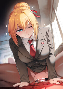 1boy 1girl absurdres black_jacket black_skirt black_suit blazer blue_eyes blush breasts clothed_sex commentary cowgirl_position deep_penetration english_commentary formal_clothes from_below girl_on_top girls'_frontline girls'_frontline_2:_exilium hair_bun hair_ribbon hands_on_another's_stomach heart hetero highres indoors jacket kalina_(girls'_frontline) large_breasts leaning_forward medium_hair miniskirt no_panties one_eye_closed orange_hair pantyhose penis pov pussy red_ribbon ribbon senpaihawkkun shirt skirt solo_focus spread_legs straddling suit thighs torn_clothes torn_pantyhose upskirt vaginal wavy_mouth white_shirt