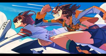 Rule 34 | 2girls, absurdres, agnes tachyon (tach-nology) (umamusume), agnes tachyon (umamusume), aircraft, airplane, animal ears, ankle socks, beaker, belt, black boots, black border, black pants, black shirt, blue shorts, blue skirt, blue sky, boots, border, brown belt, brown hair, buttons, clenched hand, clenched teeth, closed mouth, cloud, commentary, commentary request, day, determined, english commentary, eyes visible through hair, feet out of frame, floating clothes, floating hair, from side, green socks, hair between eyes, high heel boots, high heels, highres, horse ears, horse girl, horse tail, jacket, jungle pocket (champion's battle cry) (umamusume), jungle pocket (umamusume), knees, lab coat, letterboxed, long sleeves, looking at another, miniskirt, multicolored jacket, multiple girls, open clothes, open jacket, outdoors, pants, pleated skirt, pointy nose, ponytail, racing, red eyes, ribs, running, shirt, shirt under sweater, short hair, short ponytail, shorts, shorts under skirt, skirt, sky, sleeves past fingers, sleeves past wrists, smirk, smug, socks, stomach, sweater, tail, teeth, two-tone jacket, ueko (ueko t), umamusume, umamusume: beginning of a new era, white boots, white jacket, yellow eyes, yellow jacket, yellow sweater