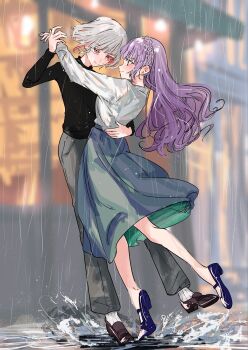 2girls absurdres black_shirt black_shoes blue_shoes blurry blurry_background blush braid commentary crown_braid dancing english_commentary full_body green_eyes grey_hair grey_pants grey_skirt highres jin_(oihlf) link!_like!_love_live! long_skirt long_sleeves love_live! multicolored_hair multiple_girls otomune_kozue otomune_kozue_(post-graduation) outdoors pants purple_hair rain red_eyes red_hair shirt shoes short_hair skirt socks streaked_hair virtual_youtuber water wet wet_clothes white_shirt white_socks yugiri_tsuzuri yugiri_tsuzuri_(post-graduation) yuri