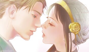 1boy 1girl azmkmgi_en black_hair blonde_hair blue_eyes commentary english_commentary flower gold_hairband green_jacket hair_flower hair_ornament hairband half-closed_eyes hetero highres imminent_kiss jacket looking_at_another parted_bangs parted_lips red_eyes short_hair sidelocks spy_x_family twilight_(spy_x_family) updo upper_body white_background yor_briar