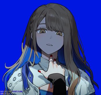 2girls azusawa_kohane blue_background blue_hair brown_hair colored_inner_hair commentary_request female_pov highres jewelry korean_commentary long_hair long_sleeves looking_at_viewer multicolored_hair multiple_girls multiple_rings nail_polish official_alternate_hair_color official_alternate_hair_length official_alternate_hairstyle open_mouth pov project_sekai red_nails ring shiraishi_an simple_background whip_the_wimp_girl!!_(project_sekai) wo_habum