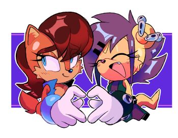 2girls ^_^ alternate_hair_length alternate_hairstyle animal_ears animal_nose averting_eyes bare_shoulders blue_eyes blue_vest blush body_fur border bottomless breasts brown_fur brown_hair closed_eyes closed_mouth dress earrings fang female_focus flat_chest from_side furry furry_female furry_with_furry gloves hair_ornament hairclip happy heart heart_hands heart_hands_duo highres jewelry light_blush long_hair looking_to_the_side mina_mongoose multicolored_dress multiple_earrings multiple_girls open_clothes open_mouth open_vest orange_fur outline outside_border purple_background purple_hair sally_acorn short_hair sidelocks sideways_mouth simple_background sleeveless sleeveless_dress small_breasts smile sonic_(series) sonic_the_hedgehog_(archie_comics) stellarspin tail two-tone_fur upper_body vest white_border white_gloves white_outline yellow_fur yuri