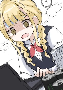 1girl absurdres bags_under_eyes blonde_hair braid can clock cold_pack commentary computer drink_can dutch_angle empty_eyes exhausted fang fujita_kotone gakuen_idolmaster highres idolmaster laptop long_hair looking_at_object low_twin_braids monster_energy paper_stack shaded_face shirt solo twin_braids white_shirt yellow_eyes yuki_(7thphoneme)