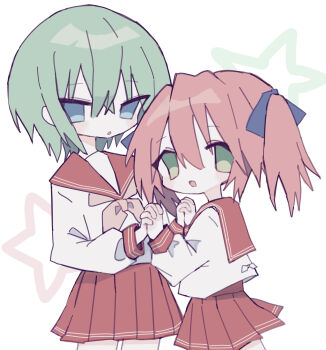 029uu 2girls blue_bow blue_eyes blush bow commentary_request expressionless green_eyes green_hair green_star happy highres holding_hands iwasaki_minami kobayakawa_yutaka long_hair lucky_star multiple_girls neckerchief open_mouth pink_neckerchief pleated_skirt red_hair red_sailor_collar red_skirt red_star ryouou_school_uniform sailor_collar sailor_shirt school_uniform shirt short_hair skirt star_(symbol) star_symbol_background turning_head twintails white_background white_shirt yuri