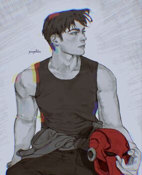 Rule 34 | 1boy, batman (series), black hair, blue eyes, collarbone, dc comics, highres, jason todd, limited palette, male focus, monochrome, muscular, muscular male, pants, prophicc, red hood (dc), red hood and the outlaws, red mask, short hair, sitting, tank top