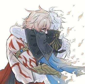 2boys absurdres antenna_hair arm_tattoo armlet armor black_coat black_shirt blonde_hair blue_cape braid cape chest_tattoo clawed_gauntlets closed_eyes coat dissolving facial_tattoo gradient_hair highres honkai:_star_rail honkai_(series) hug jewelry male_focus medium_hair multicolored_hair multiple_boys mydei_(honkai:_star_rail) open_clothes open_coat pauldrons phainon_(honkai:_star_rail) red_hair red_tattoo shirt short_hair shoulder_armor side_braid side_cape simple_background single_pauldron tattoo thytrn020506 white_background white_coat white_hair yaoi