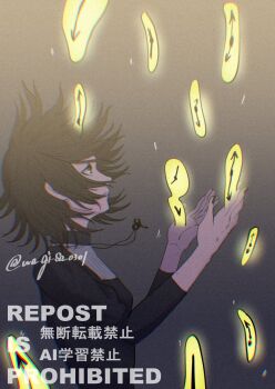 1girl artist_name black_background black_dress black_nails brown_hair clock d.gray-man dress facing_to_the_side floating_hair floating_neckwear gradient_background grey_background grey_eyes hands_up highres jewelry juliet_sleeves key key_necklace long_sleeves looking_at_object looking_up mature_female miranda_lotto na_gi_sa_0301 necklace profile puffy_sleeves short_hair sidelocks signature solo twitter_username yellow_background