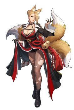 1girl animal_ears bike_shorts blonde_hair breasts clothes_lift curvy dress female_focus fox fox_ears fox_girl fox_tail hair_bun halloween halloween_costume hands_up highres huge_breasts large_breasts long_hair looking_at_viewer mature_(kof) pale_skin pantyhose see-through_clothes shoes shorts skirt skirt_lift smile smiley_face standing tail the_king_of_fighters thick_thighs thighs torn_clothes torn_legwear upskirt wide_hips