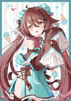 1girl bare_shoulders blush boo_tao_(genshin_impact) border brown_hair brown_sleeves brown_thighhighs china_dress chinese_clothes commentary_request cowboy_shot dress flower-shaped_pupils food frilled_dress frilled_sleeves frills genshin_impact green_background green_border green_dress hair_between_eyes highres hu_tao_(genshin_impact) ice_cream long_hair long_sleeves looking_at_viewer mint_chocolate open_mouth outside_border red_eyes sleeveless sleeveless_dress sleeves_past_fingers sleeves_past_wrists solo striped_background symbol-shaped_pupils teeth thighhighs upper_teeth_only vertical-striped_background watermark yutukicom