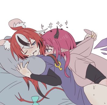 2girls animal_ear_fluff animal_ears black_garter_straps blue_eyes blush ear_blush energy_wings garter_straps hakos_baelz halo hand_blush hololive hololive_english hood hoodie horns implied_fingering irys_(hololive) long_hair mouse_ears mouse_tail multiple_girls one_eye_closed pink_hair pink_hoodie pointy_ears purple_hoodie ramphastostella red_hair saliva sharp_teeth sweat tail tears teeth virtual_youtuber white_streaks yellow_nails yuri