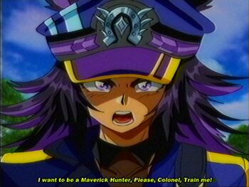 Rule 34 | 1990s (style), 1girl, animal ears, black hair, black shirt, blue sky, commentary, ears through headwear, english commentary, faux retro artstyle, fenomeno (black flames of the righteous spirit) (umamusume), fenomeno (umamusume), flipped hair, hat, highres, horse ears, horse girl, jacket, long hair, looking at viewer, lueduar, mega man (series), mega man x (series), multicolored hair, open mouth, peaked cap, pillbox hat, purple eyes, purple hair, retro artstyle, shirt, sky, solo, striped hat, subtitled, teeth, two-tone hair, umamusume, vhs artifacts